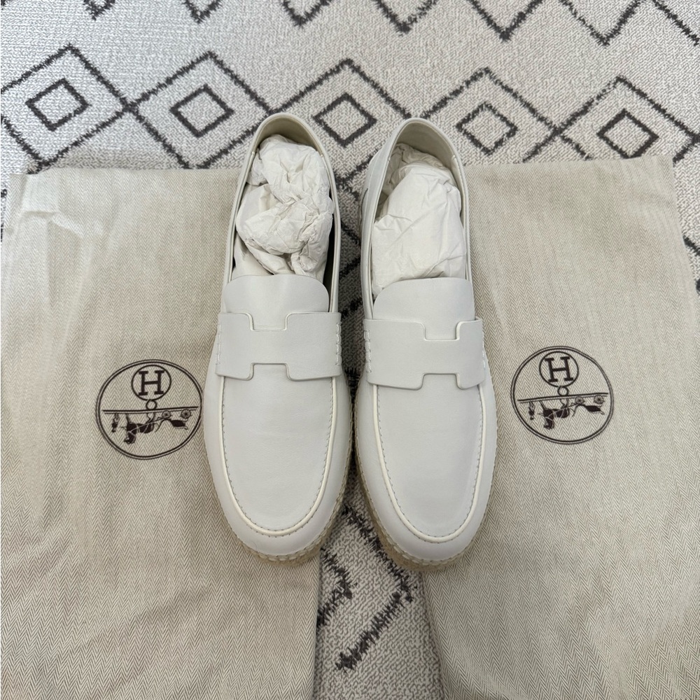 Hermes Kennedy White Leather Loafers Slip-On
